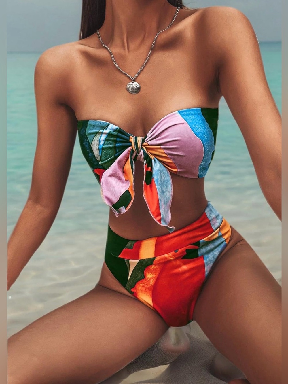 Women's Graphic Swimsuit Tie Front Bandeau and High Waist Panty Bikini Set